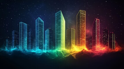 Naklejka premium Abstract Cityscape with Colorful Neon Lights and Clouds