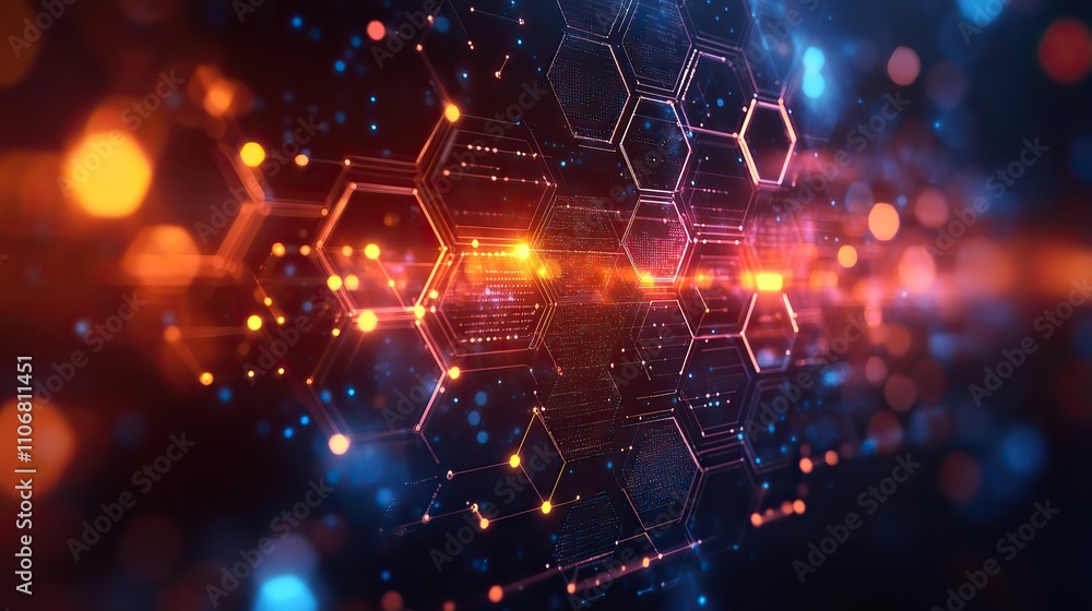 Poster a digital of an abstract background uses hexagons and icons to represent technology, innovation, soc