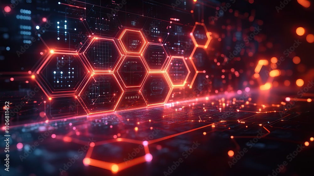 Poster a digital of an abstract background uses hexagons and icons to represent technology, innovation, soc