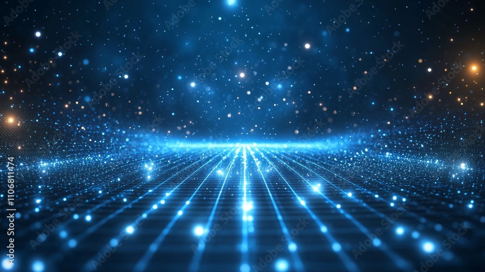 Poster abstract digital landscape with glowing lines and particles.