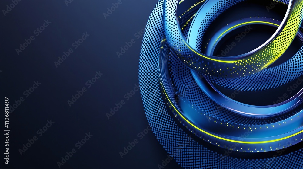 Poster abstract 3d colorful rings on dark background with smooth curves and dot patterns for creative conce