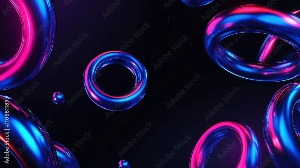 Poster abstract 3d composition of colorful rings in neon style on dark background for modern visuals