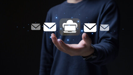 Document management system concept. Businessman manage digital business data, file storage.