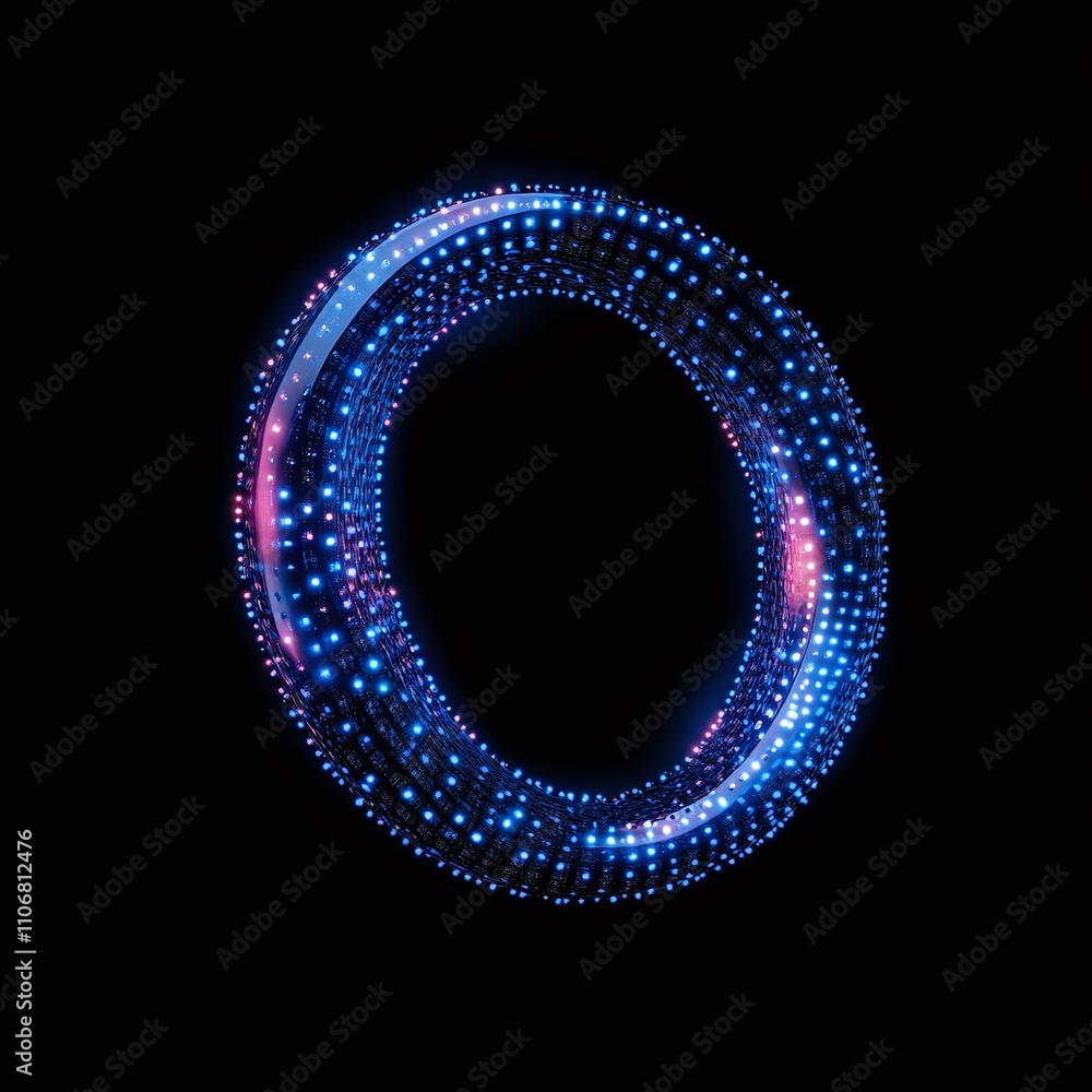 Poster abstract 3d ring made of colorful light particles on black background for creative visual projects