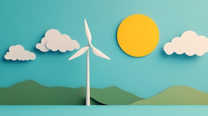 Fototapeta premium Conceptual Representation of Renewable Energy with Wind Turbine, Sun, and Clouds Against a Minimalist Landscape Background