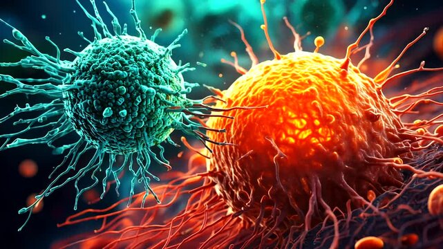 3D Animation of Antibody T Cells Attacking Cancer Cell or Virus. 4K