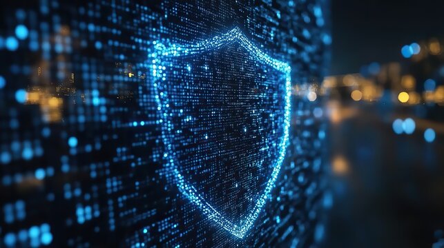 A digital shield made of binary code appears on a futuristic blue digital screen