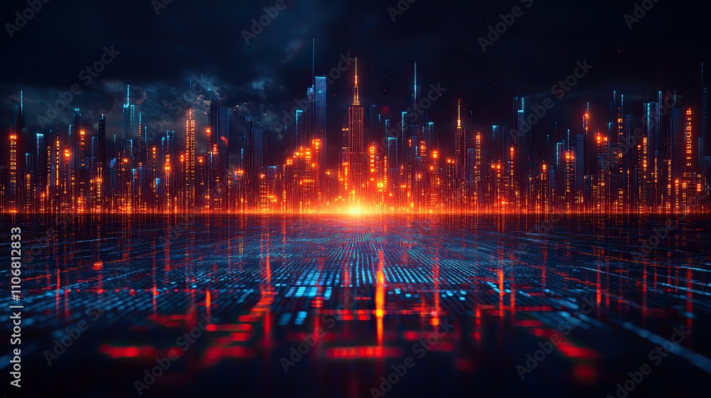 Poster a digital stock market chart with blue and orange lines on a dark background features a blurred stoc