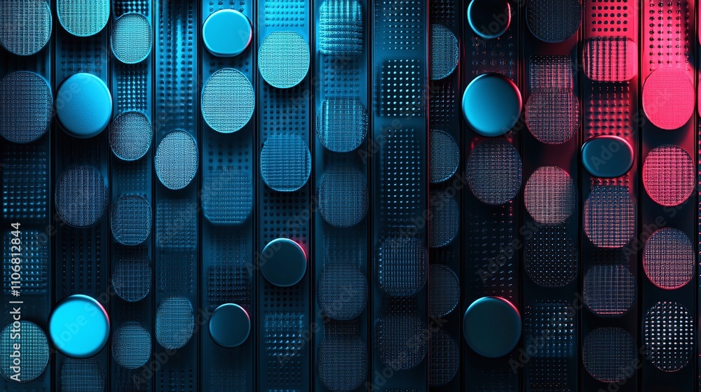 Poster abstract background with vibrant circular shapes and textures in blue and red hues on a dark surface