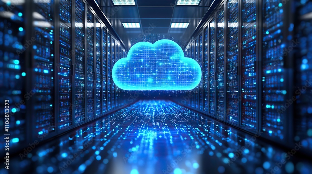 Poster a digital technology background with a cloud symbol and data connections in blue represents cloud co
