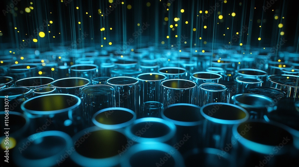 Poster abstract blue and yellow particles floating above rows of transparent test tubes in a dark environme