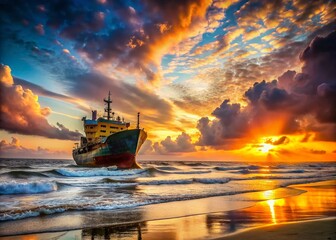 Naklejka premium Cargo Ship Silhouette at Karachi Beach - Dramatic Scene of a Stranded Vessel on Public Beach with Sunset Glow, Highlighting Environmental Impact and Shipping Challenges