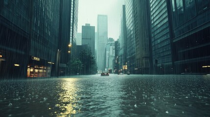 A flooded city street during heavy rain, showcasing urban life affected by weather.