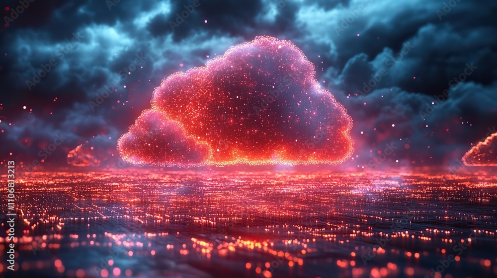 Poster a digital technology depicts cloud computing with glowing clouds and data flow lines, representing o