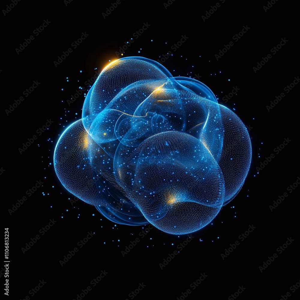 Poster abstract blue glowing shapes on a dark background representing energy waves and dynamic movement in 