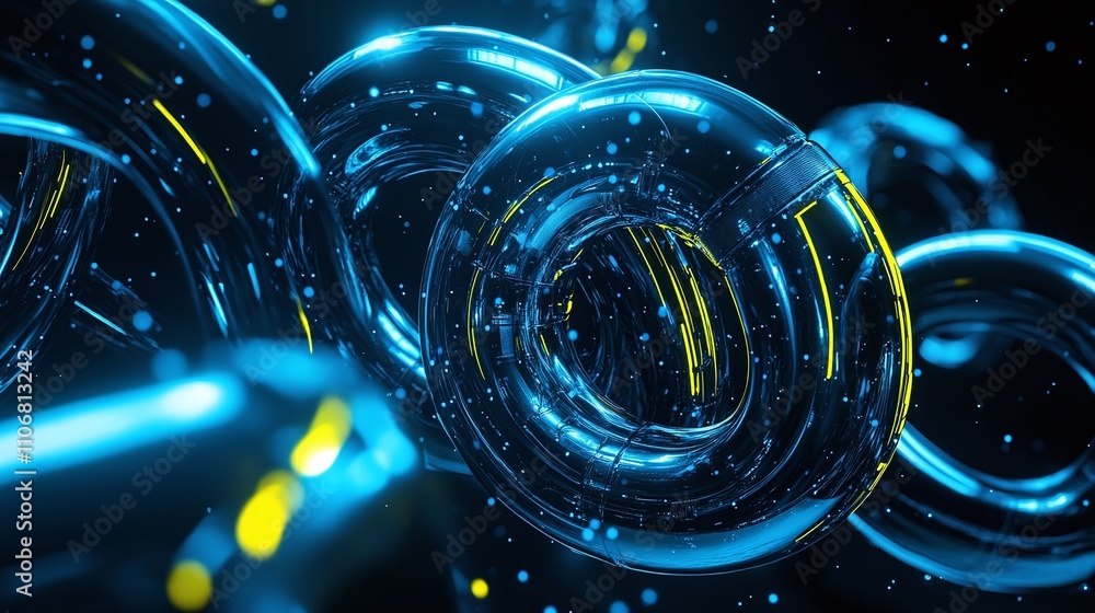 Poster abstract blue glowing circles with shiny reflections and particles in a dynamic 3d space, futuristic