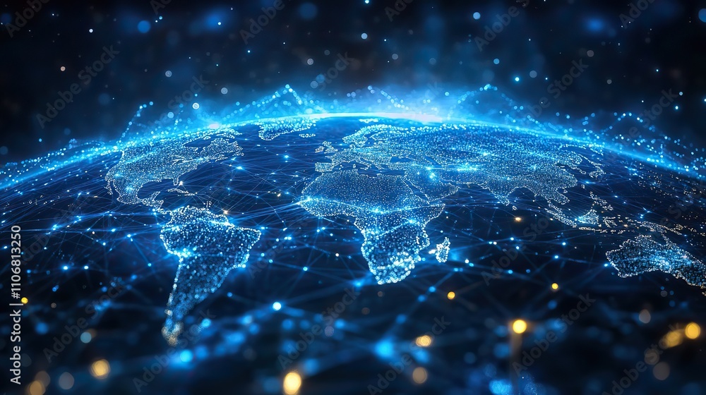 Poster a digital visual showing earth with networked lines symbolizing worldwide connectivity and business 