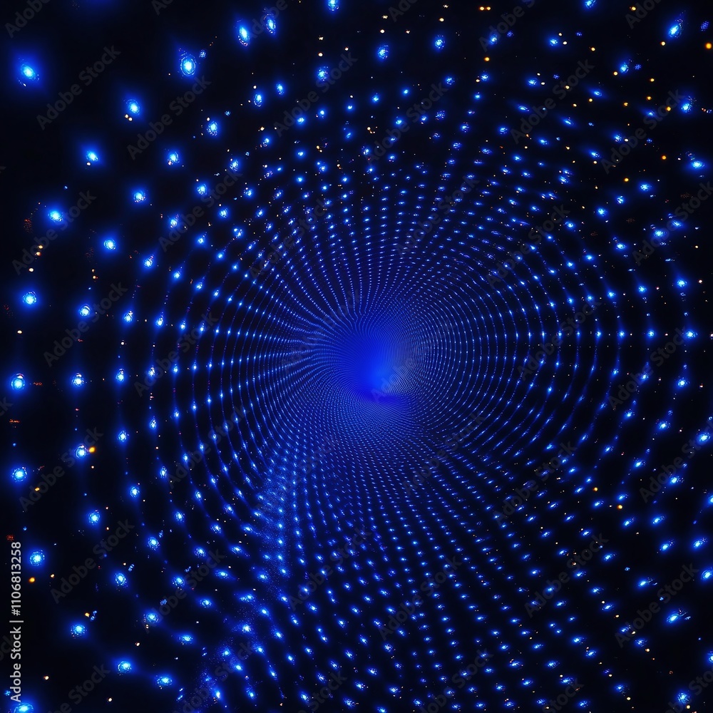Poster Abstract Blue Light Spiral Pattern Creating a Hypnotic Tunnel Effect with Dots and Starry Background