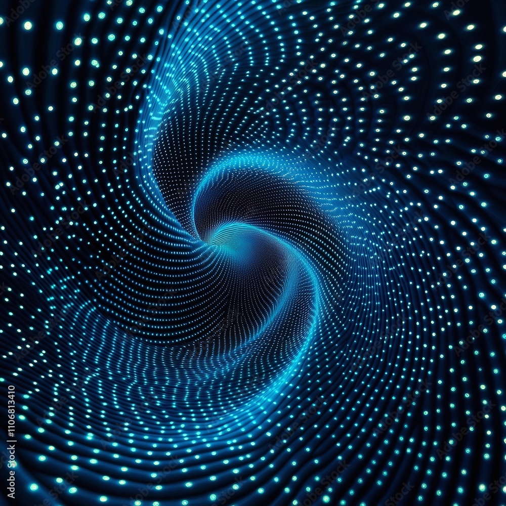 Poster Abstract Blue Swirl Design with Dots and Light Motion in a Deep Black Background for Dynamic Visuals