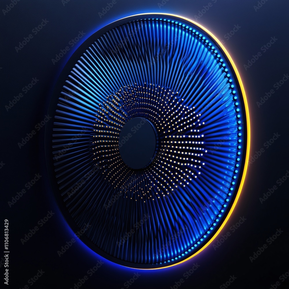 Poster abstract circular background with illuminated blue and orange light patterns in a dark environment