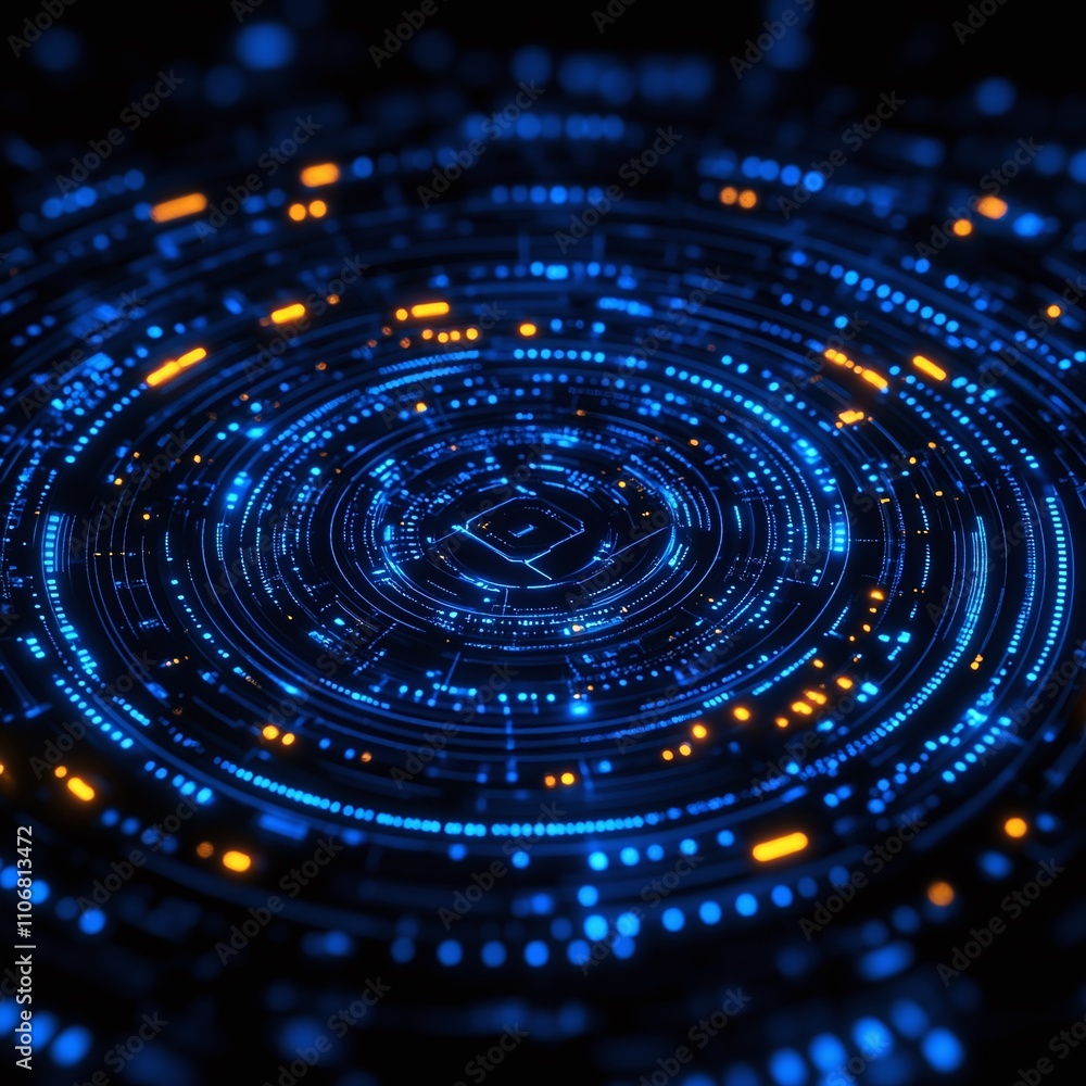 Poster abstract circular digital patterns with blue and orange lights on a dark background for technology t