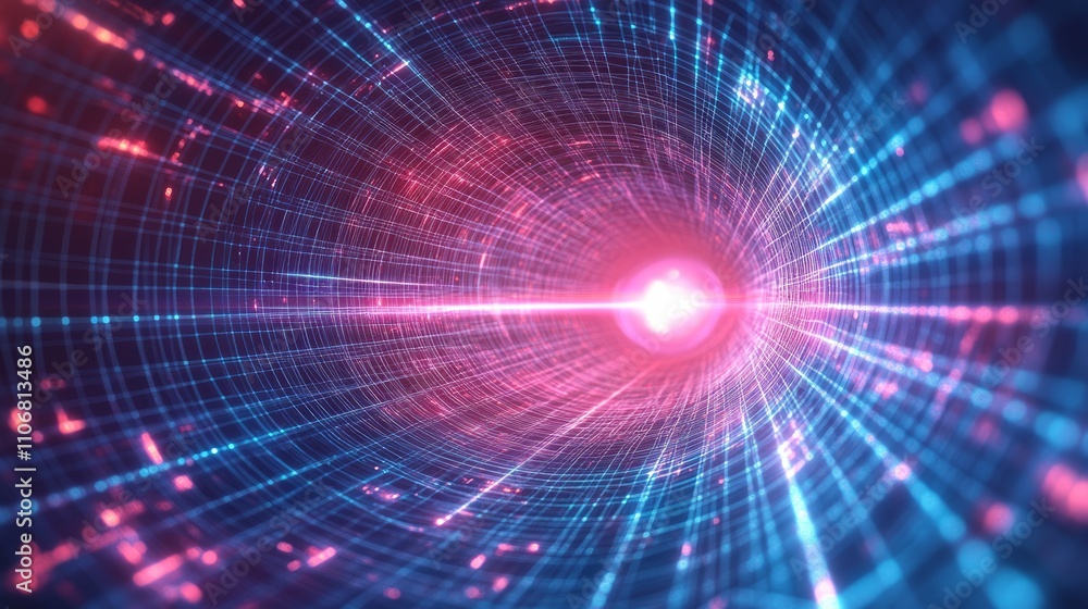 Poster abstract digital tunnel with glowing lines and particles.
