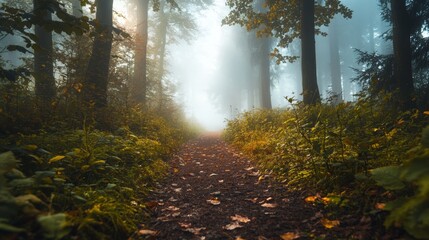 Fototapeta premium Misty Path Through a Foggy Forest