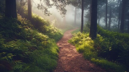 Obraz premium Misty Forest Pathway in Foggy Atmosphere