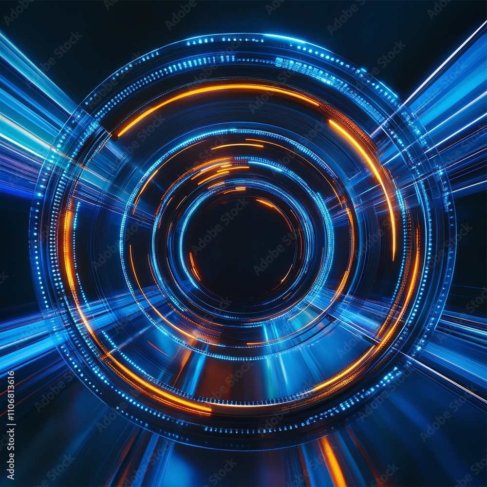 Poster abstract circular light trail effect in blue and orange colors with dynamic motion blur background