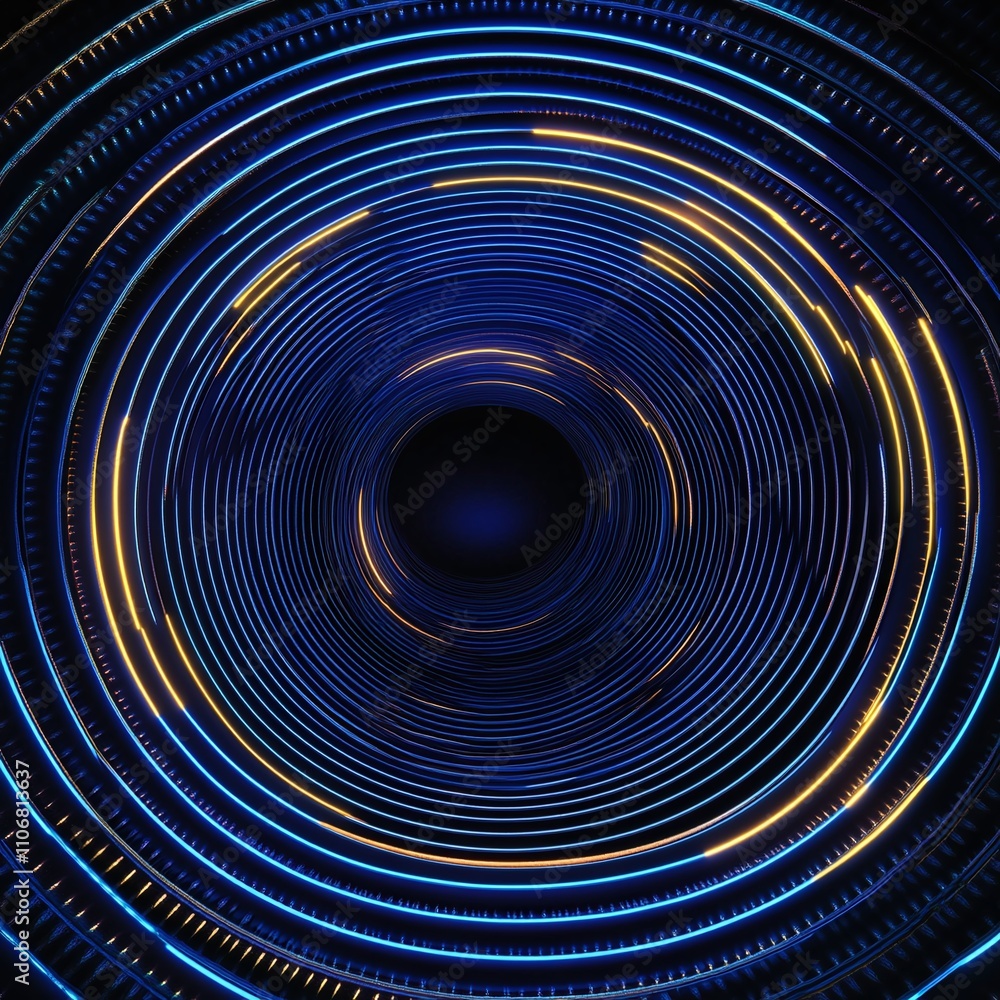 Poster abstract circular pattern with blue and orange light trails in a dark background