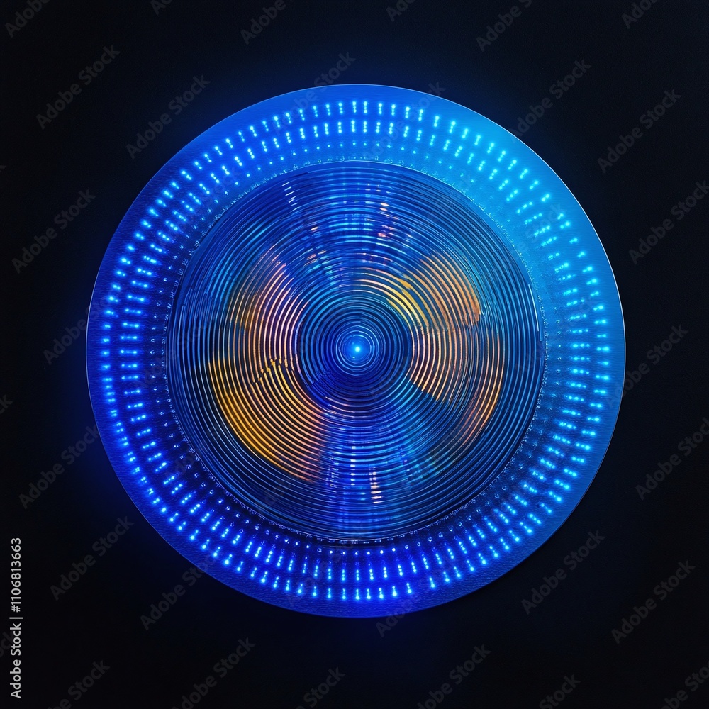 Poster abstract circular pattern with blue neon lights and colorful swirls on dark background