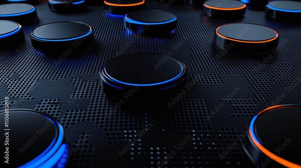 Poster abstract close-up of illuminated circular buttons on a textured dark background creating a futuristi