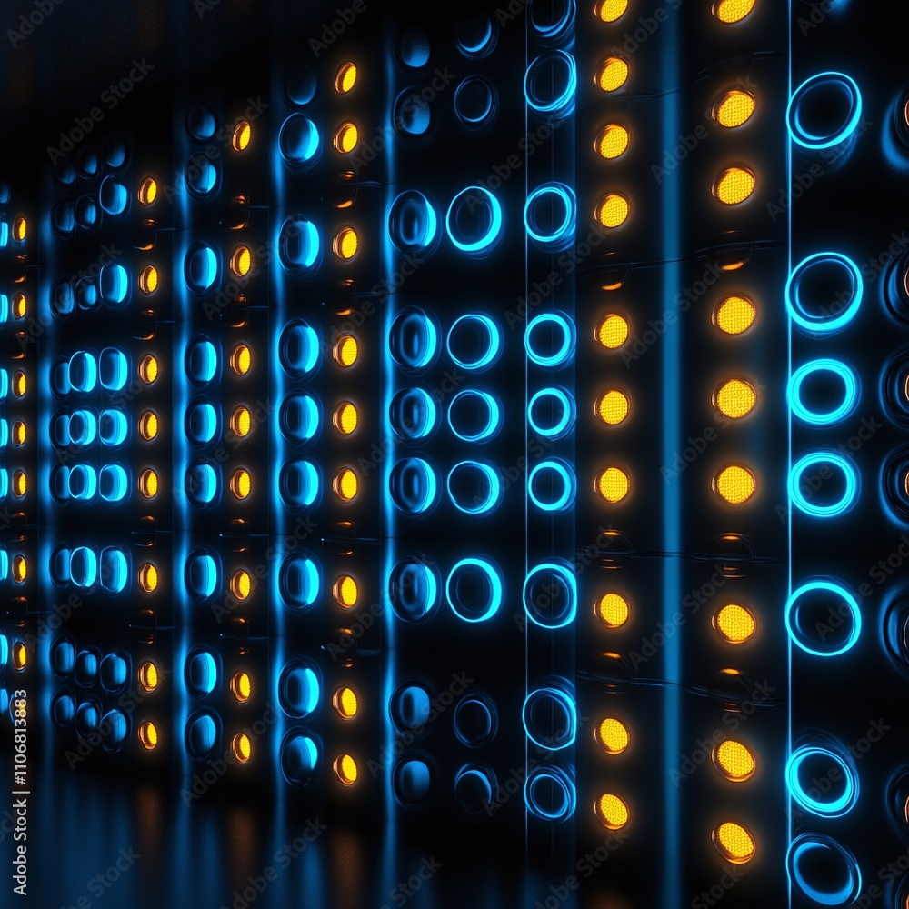 Poster abstract color pattern of illuminated circles in blue and orange shades creating a modern visual eff
