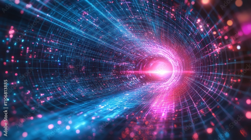 Poster abstract digital tunnel with glowing particles and lines.