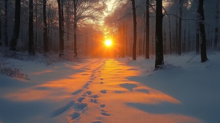A serene winter landscape with a sunset illuminating snowy footprints in a tranquil forest.