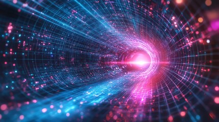 Obraz premium Abstract digital tunnel with glowing particles and lines.