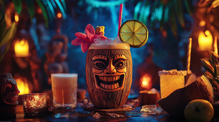 Fototapeta premium Tropical tiki cocktail served in an exotic wooden mug