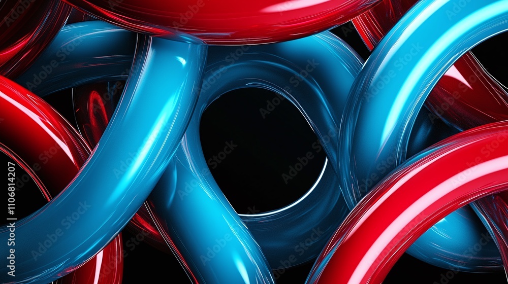 Poster abstract colorful design with red and blue flowing tubes intertwining against a dark backdrop