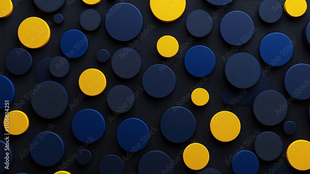 Poster abstract composition of colorful circular shapes in blue and yellow on a textured dark background