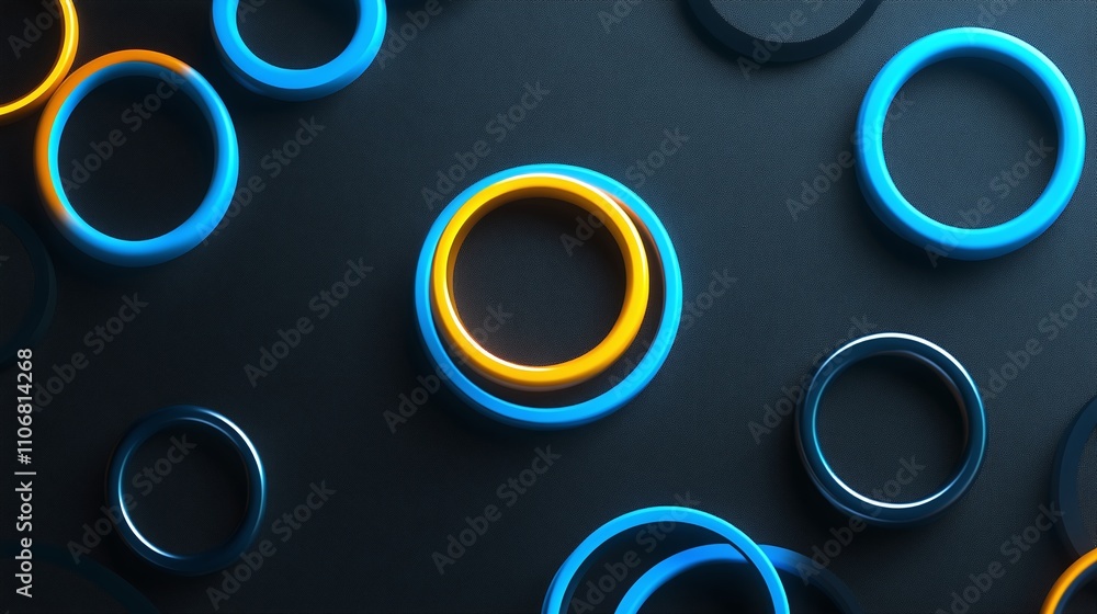 Poster abstract composition of colorful geometric rings on a dark surface for modern design elements