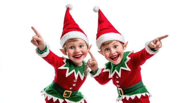 Christmas concept two children cheerful elf looking up isolated on white background