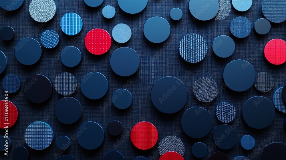 Poster abstract design with circular shapes in varying textures and colors on dark background