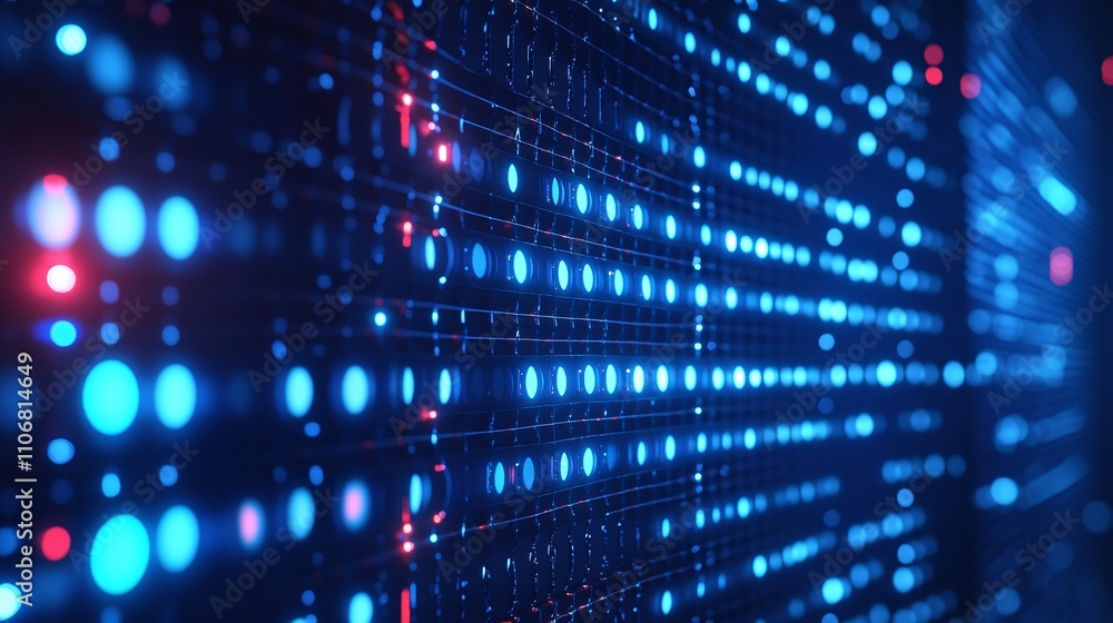 Aufkleber abstract digital background of bright blue and red light dots with grid pattern in a futuristic desi