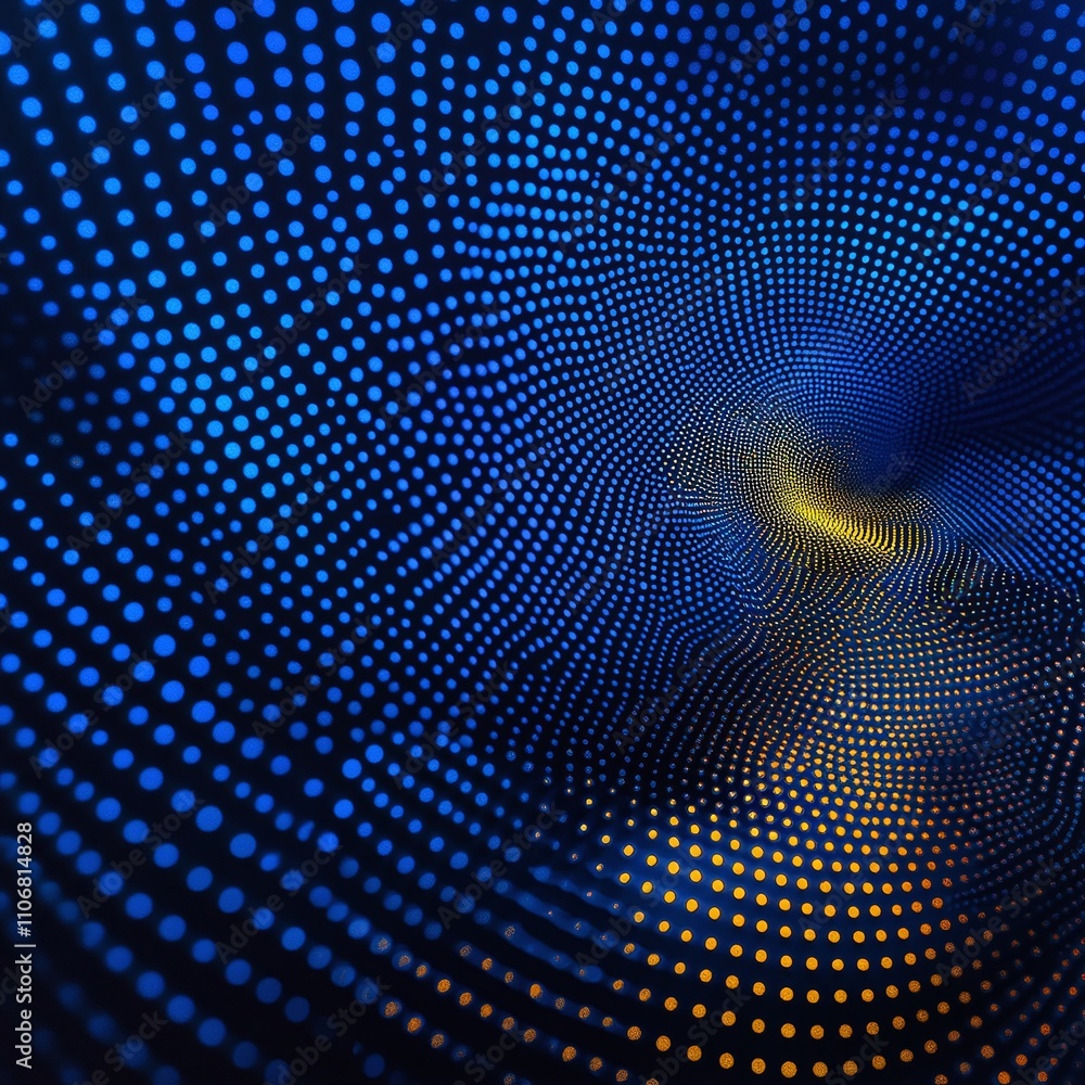 Poster abstract digital background with blue and yellow dots creating a hypnotic spiral pattern in a dark s