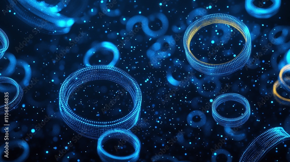 Poster abstract digital background with blue and yellow circles, sparkles and bokeh for technology themes