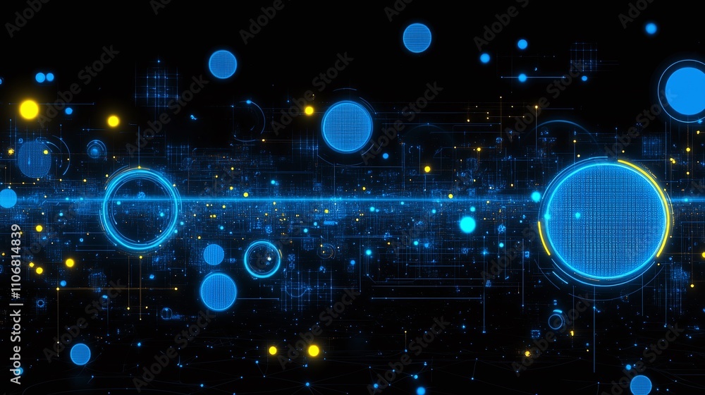Poster abstract digital background with blue and yellow glowing circles and lines representing technology a