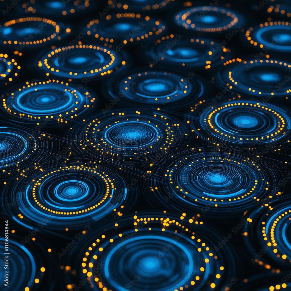 Poster abstract digital background with circular patterns and dots in blue and orange for technology themes