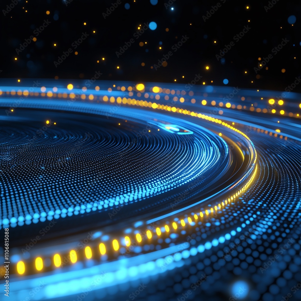 Poster abstract digital background with light particles and circles in blue and yellow colors for modern de