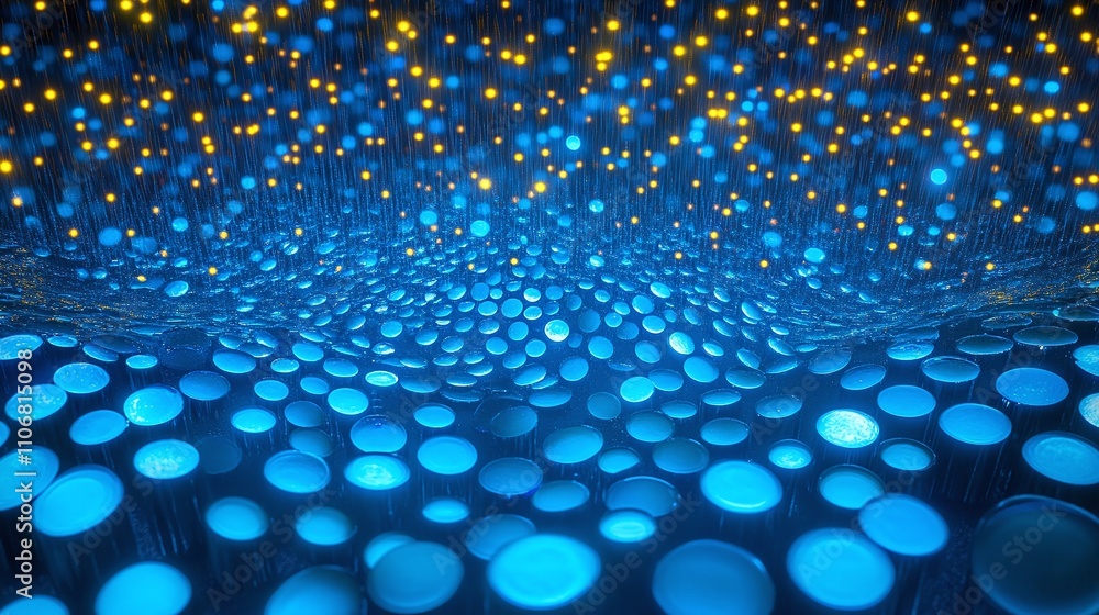 Poster abstract digital background with illuminated blue and yellow circles in a fluid motion design