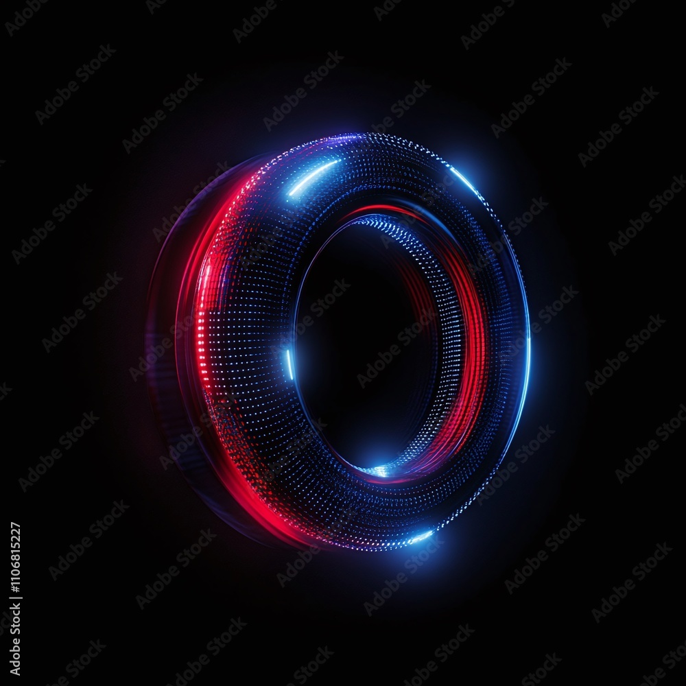 Poster abstract digital circle with glowing dots and light trails in red and blue colors on black backgroun